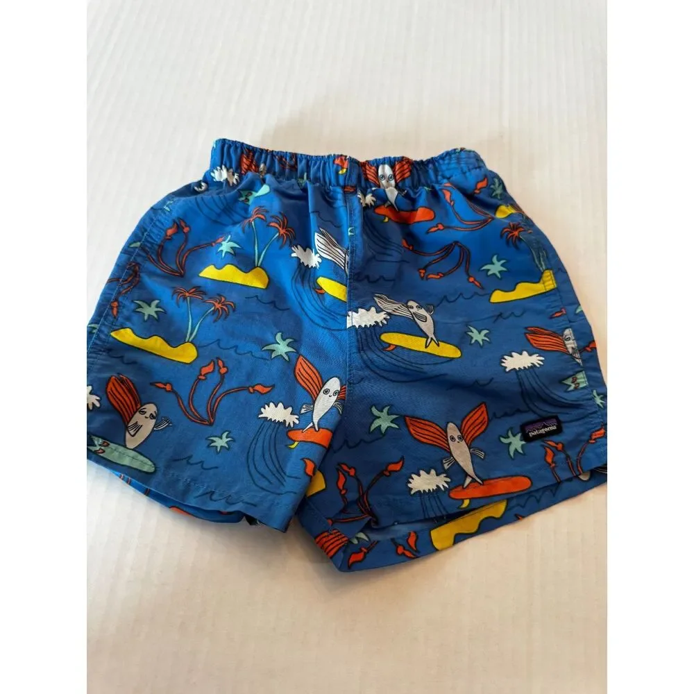 Patagonia Baby Baggies Swim Trunks 4T Blue Surf Fish Print Recycled Nylon